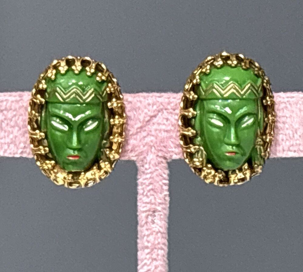 Vintage Green Princess Clip On Earrings Face Mask Gold Tone Germany